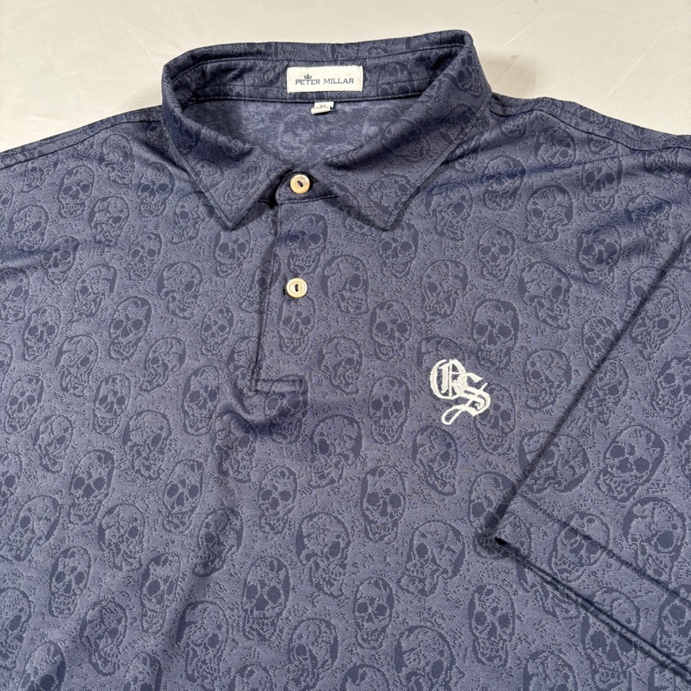 Peter Millar Polo Shirt Mens XL Navy Blue Skull All Over‎ Print Performance